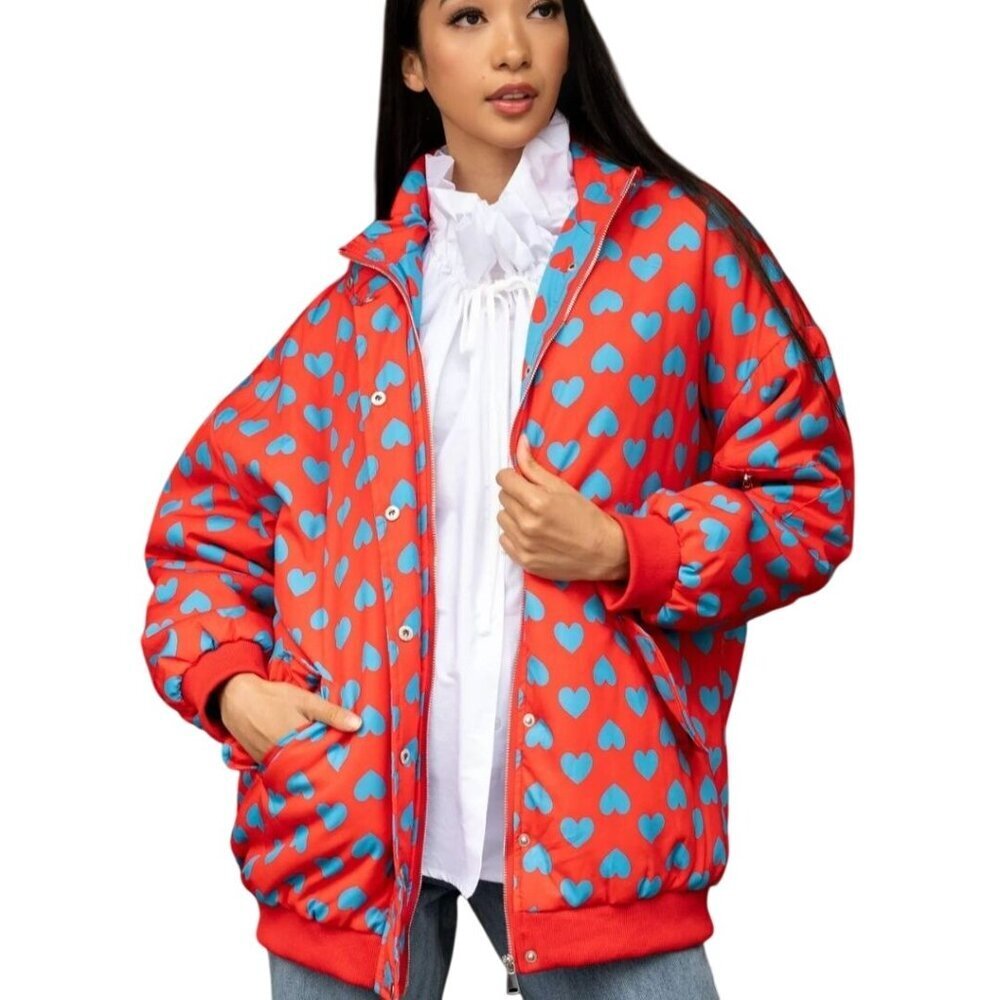 Kate Hewko NWT Heart Quilted Bomber Jacket Multicolor Red Blue Pockets Size M